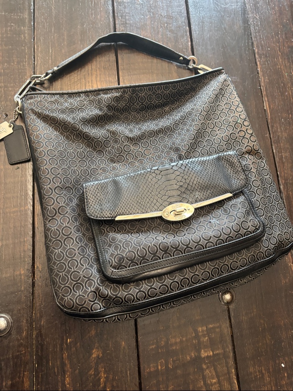 Coach Black Monogram Shoulder Bag with Textured Front Flap